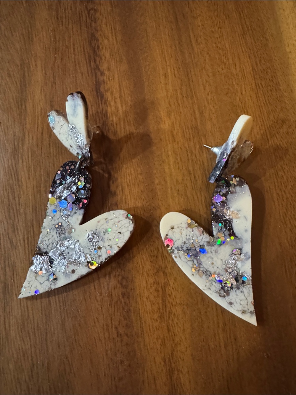 Heart Drop Resin Earrings with Silver Glitter